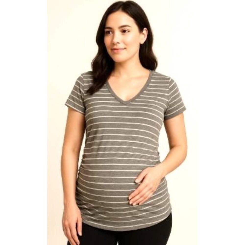 Motherhood Maternity Casual Size Small Gray Striped V-Neck Ruched T-Shirt